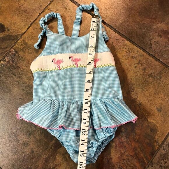 Silly Goose Flamingo Blue Checkered Smock size 4T - Picture 4 of 7